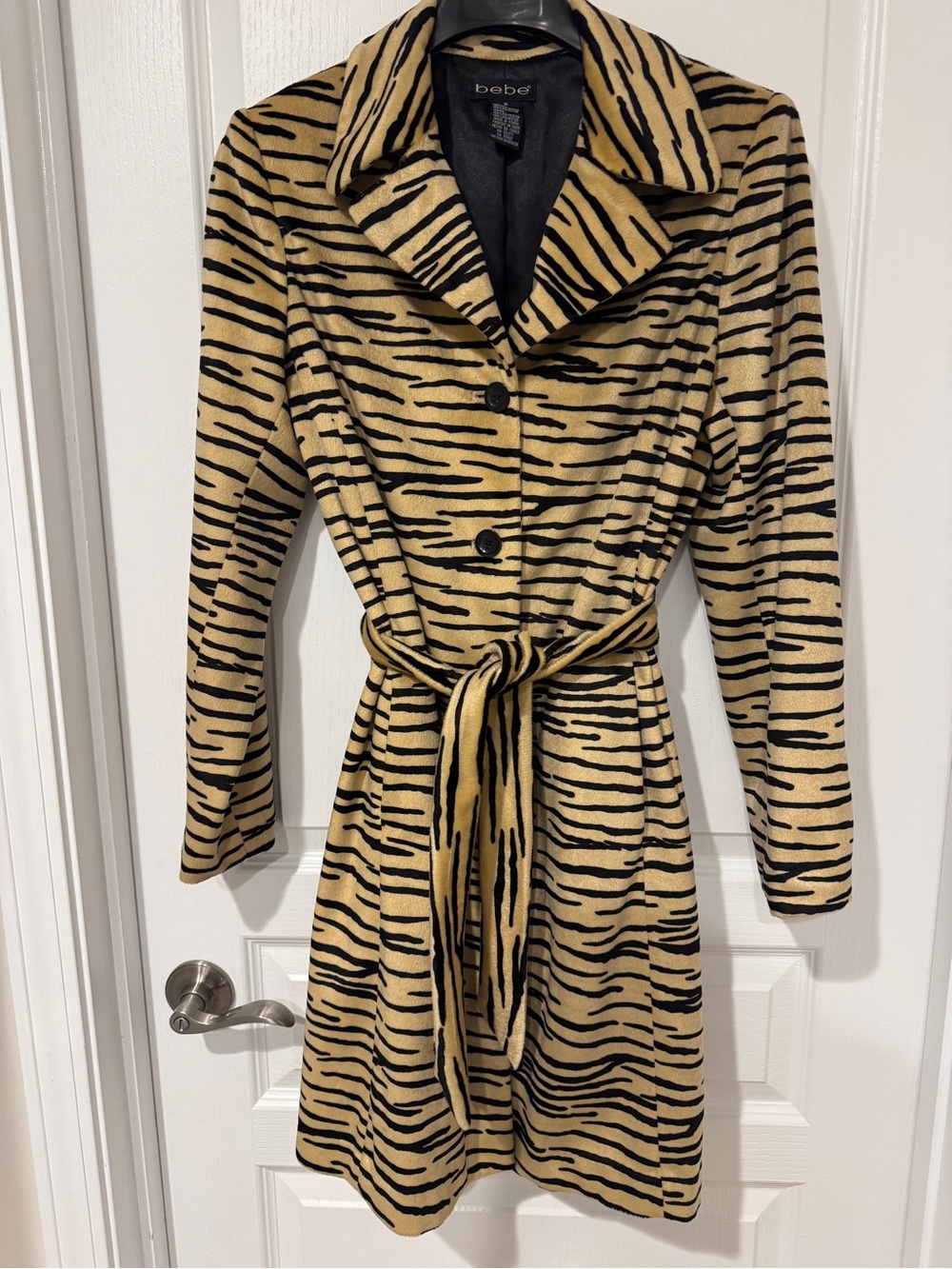 bebe Black and Tan Zebra-Stripe Belted Long Sleeve Dress